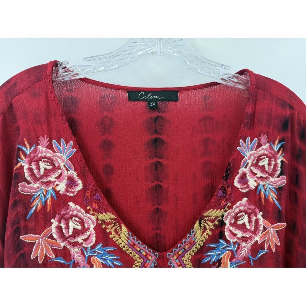 Calessa Women's Roll Tab Sleeve Embroidered V-Neck Tunic Top Size 3X Boho Party - Picture 3 of 9